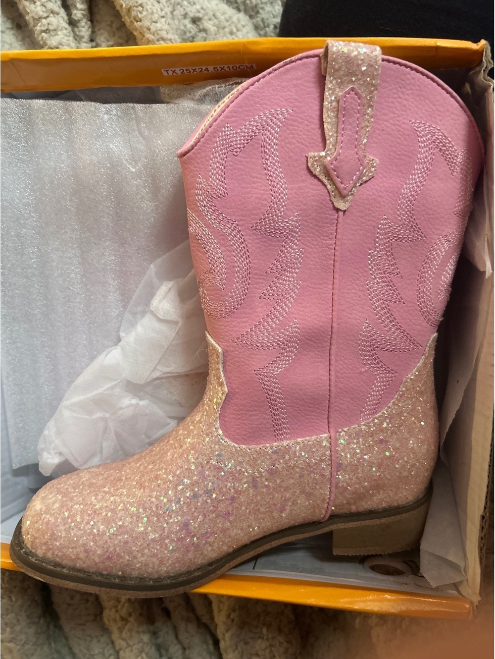 Pink Glitter Western Cowboy Boots with Embroidered Upper and Low Heel